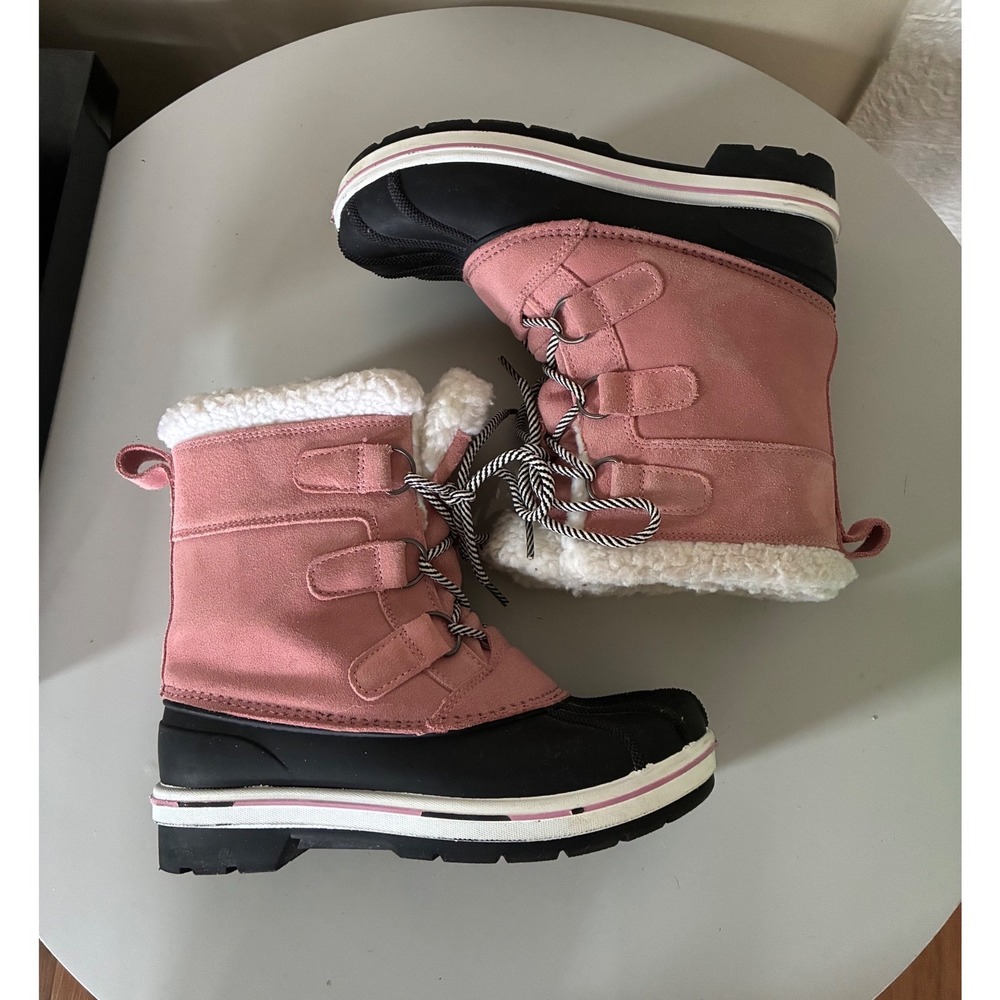Cat & Jack Girls Pink Black Winter Snow Boots Faux Fur Lined Size 3
